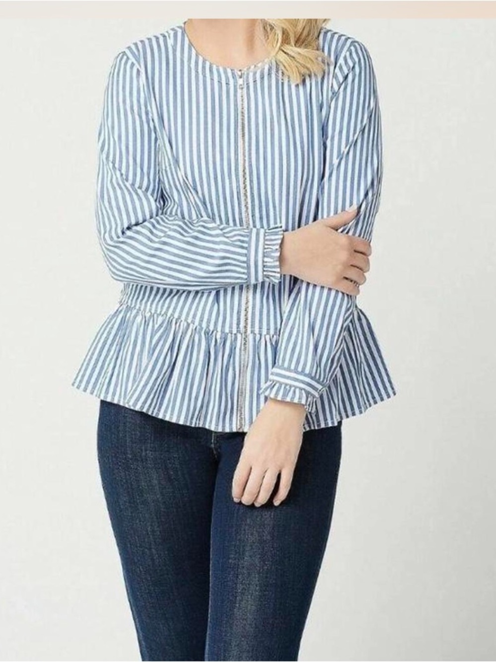D&Co. Striped Zip-Front Peplum denim jacket in Blue and White - Picture 7 of 7